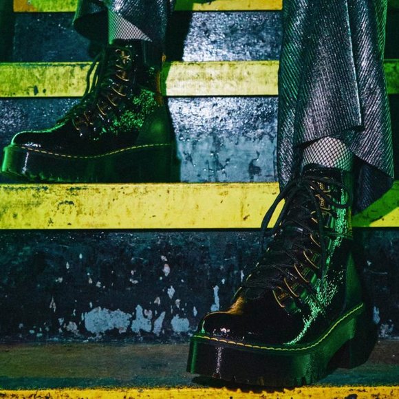 Martens LAURENNE DISTRESSED PATENT LEATHER LACE UP HEEL BOOTS